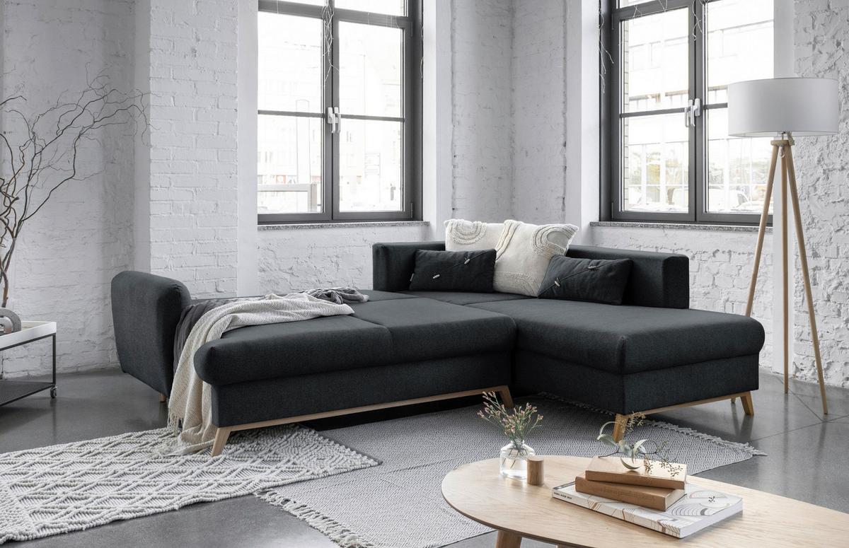 Ecksofa Scandic Lagom Dunkelgrau S: 242x202 cm - Dunkelgrau/Naturfarben, Textil (242/202cm) - MID.YOU