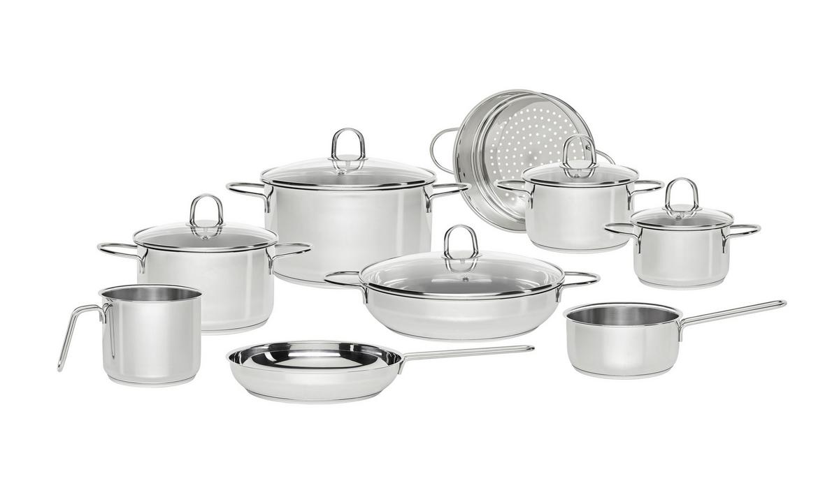 Kochtopfset Jörg 14 -teilig. Edelstahl, Mit Deckel - Klar/Edelstahlfarben, KONVENTIONELL, Glas/Metall - James Wood