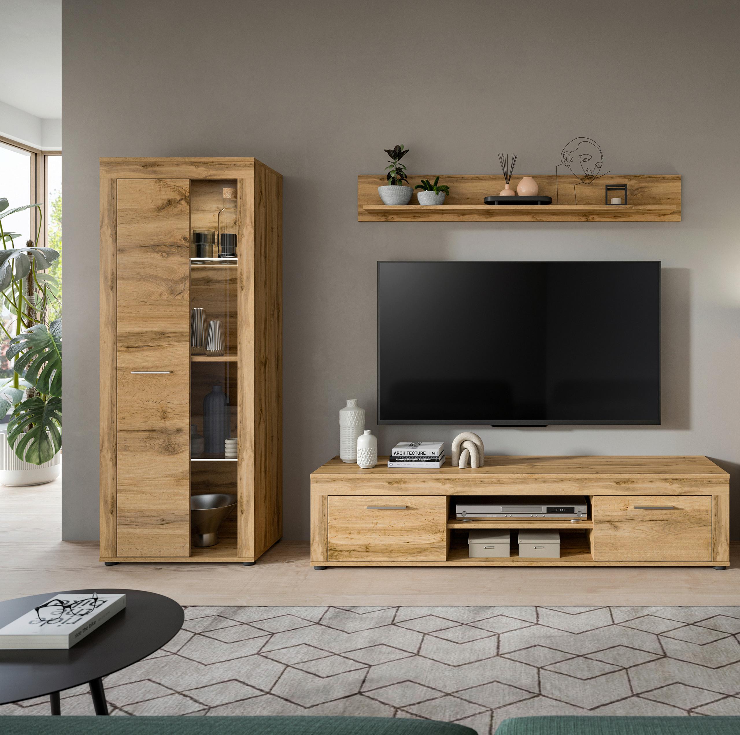 Wohnwand Eiche Dekor 3-Teilig B: 235 Cm - Eiche Wotan/Schwarz, Design, Glas/Holzwerkstoff (235/159/35cm) - MID.YOU