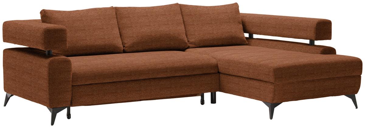 Rohová sedačka ROSALIE, pravá s úložným prostorem a lůžkem - černá/koňaková, Konvenční, kov/textil (265/184cm)
