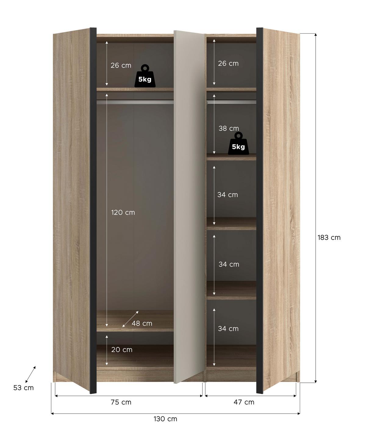 Drehtürenschrank Oakland Sonoma Eiche/Kashmir B: 130 cm - Kaschmir/Sonoma Eiche, MODERN, Holzwerkstoff (130/183/53cm) - MID.YOU