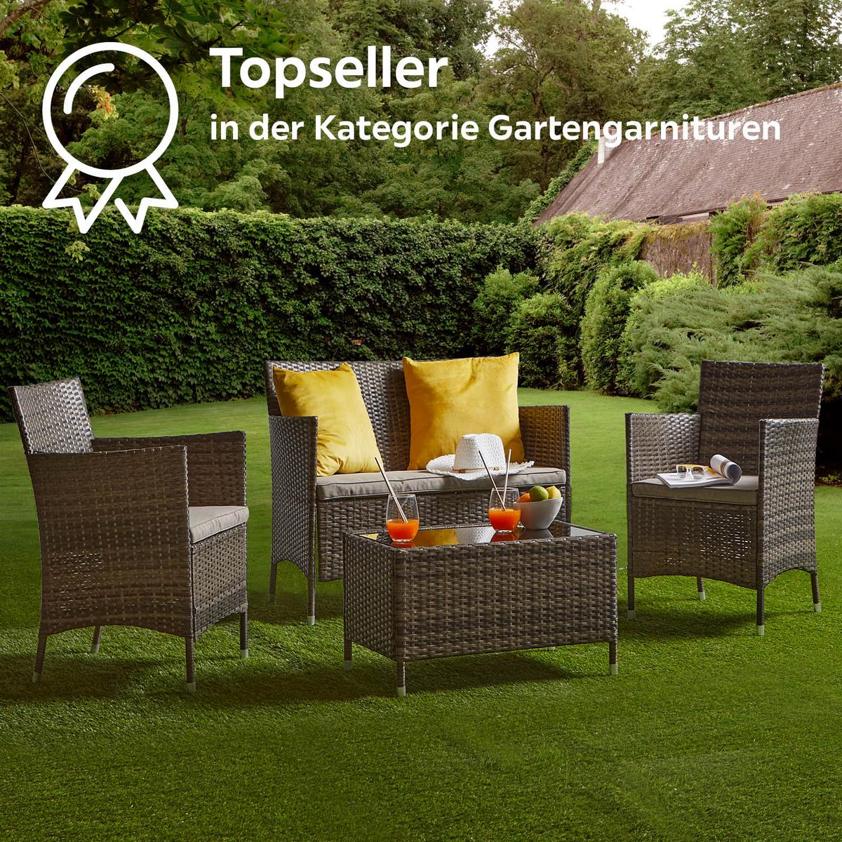 Loungegarnitur 4-tlg Valencia Kunststoff/glas Mit Kissen - Dunkelbraun/Creme, MODERN, Glas/Kunststoff - Ondega