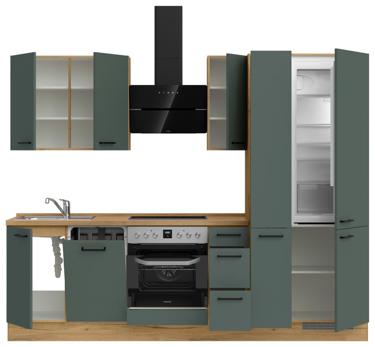 Kuchyňská linka 270 cm, minerální zelená,ultra matná - barvy dubu/černá, Moderní, kov/kompozitní dřevo (270cm) - Nobilia