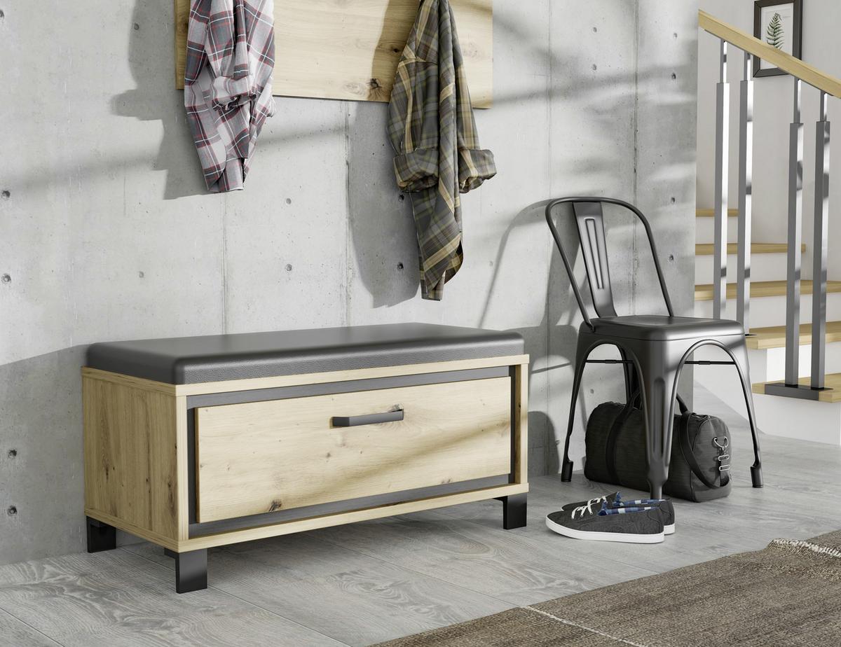 Garderobenbank Trondheim B: 89,1 cm Eiche/Schwarz - Eichefarben/Schwarz, Basics, Holzwerkstoff/Kunststoff (89,1/44,7/41,5cm) - Livetastic