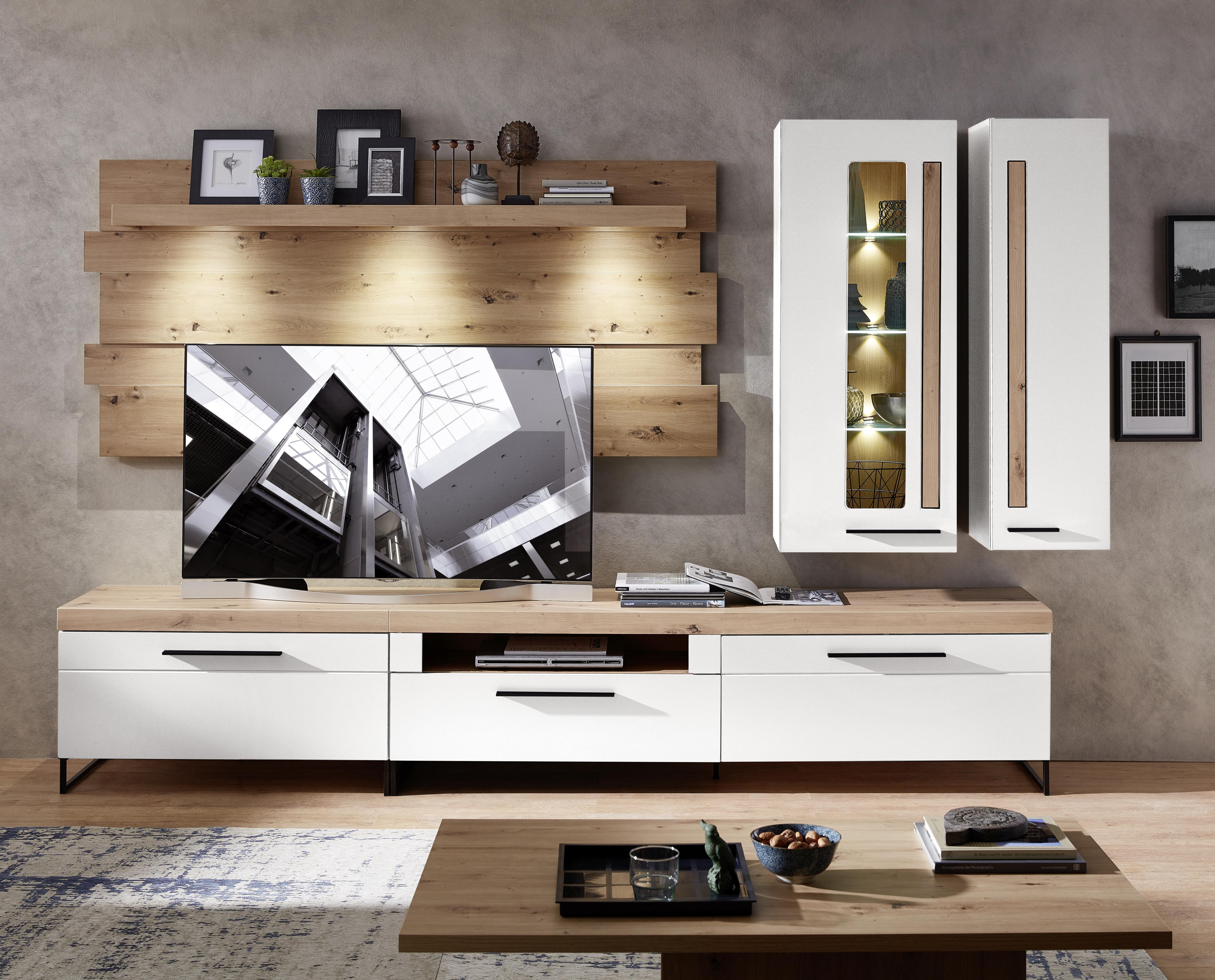 Obývacia Stena Loft Two Biela Matná/artisan - farby dubu/čierna, Moderný, kov/kompozitné drevo (314/201/44cm) - Livetastic