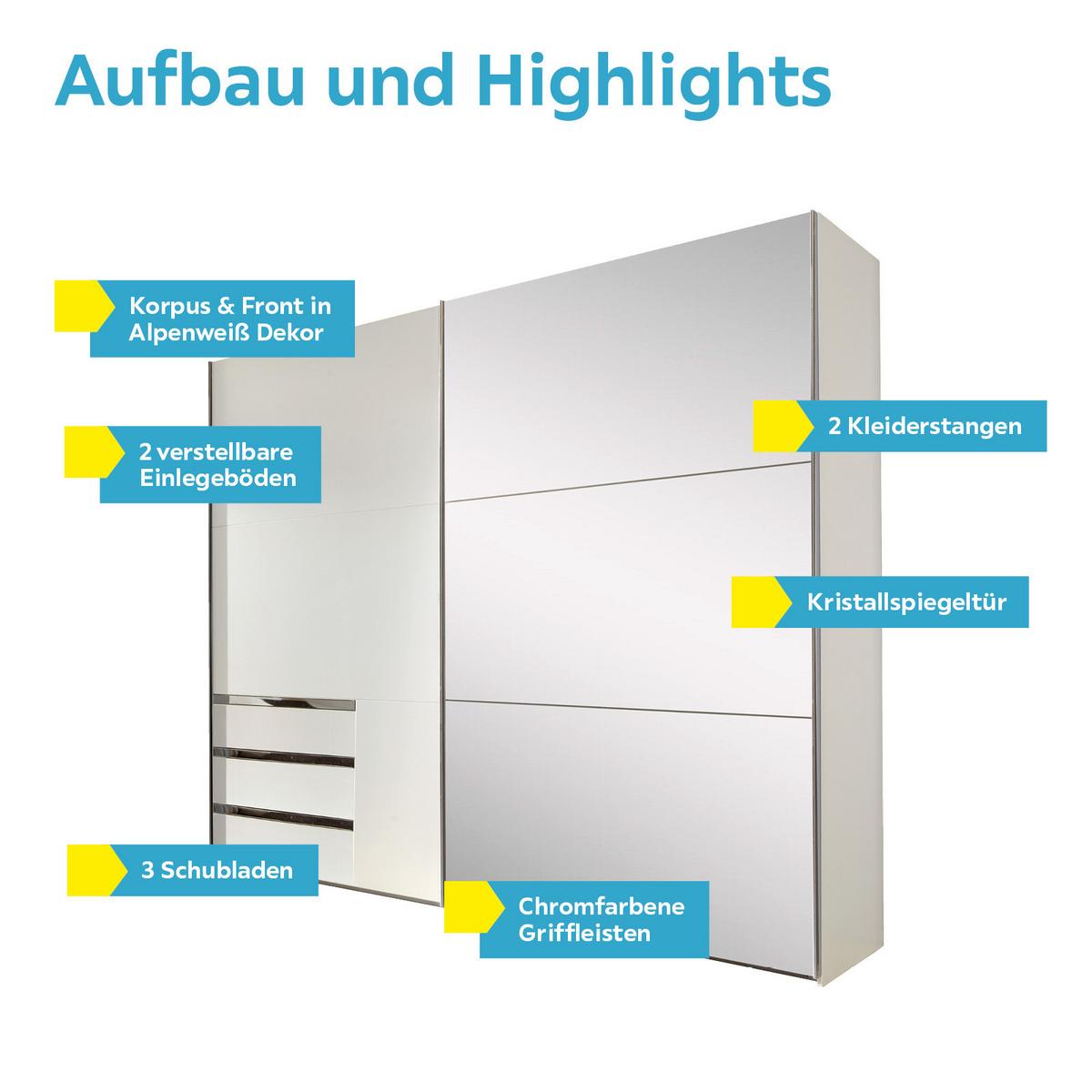 Schwebetürenschrank M. Spiegel 200cm Level 36a, Weiß Dekor - Weiß, MODERN, Glas/Holzwerkstoff (200/216/65cm) - MID.YOU