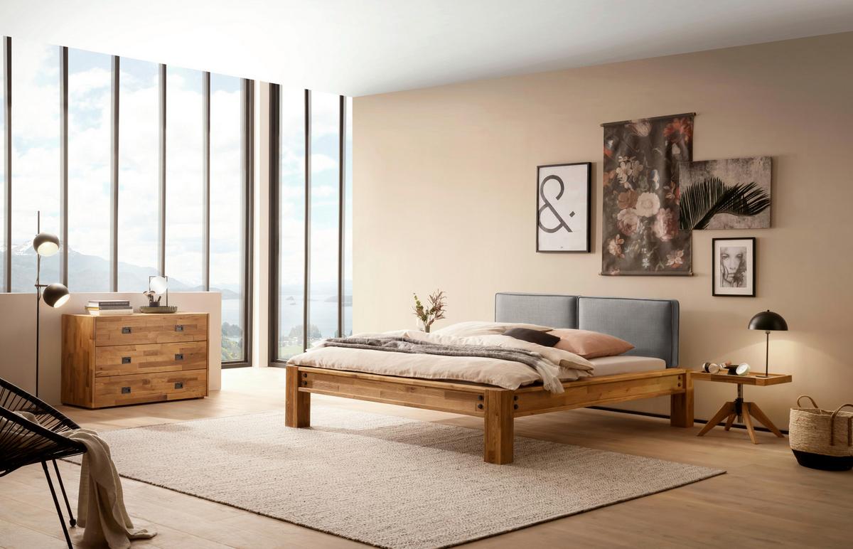 Balkenbett Greenville Mit Gepolstertem Kopfteil 140x200 - Eichefarben/Grau, Natur, Holz/Textil (140/200cm) - Hasena