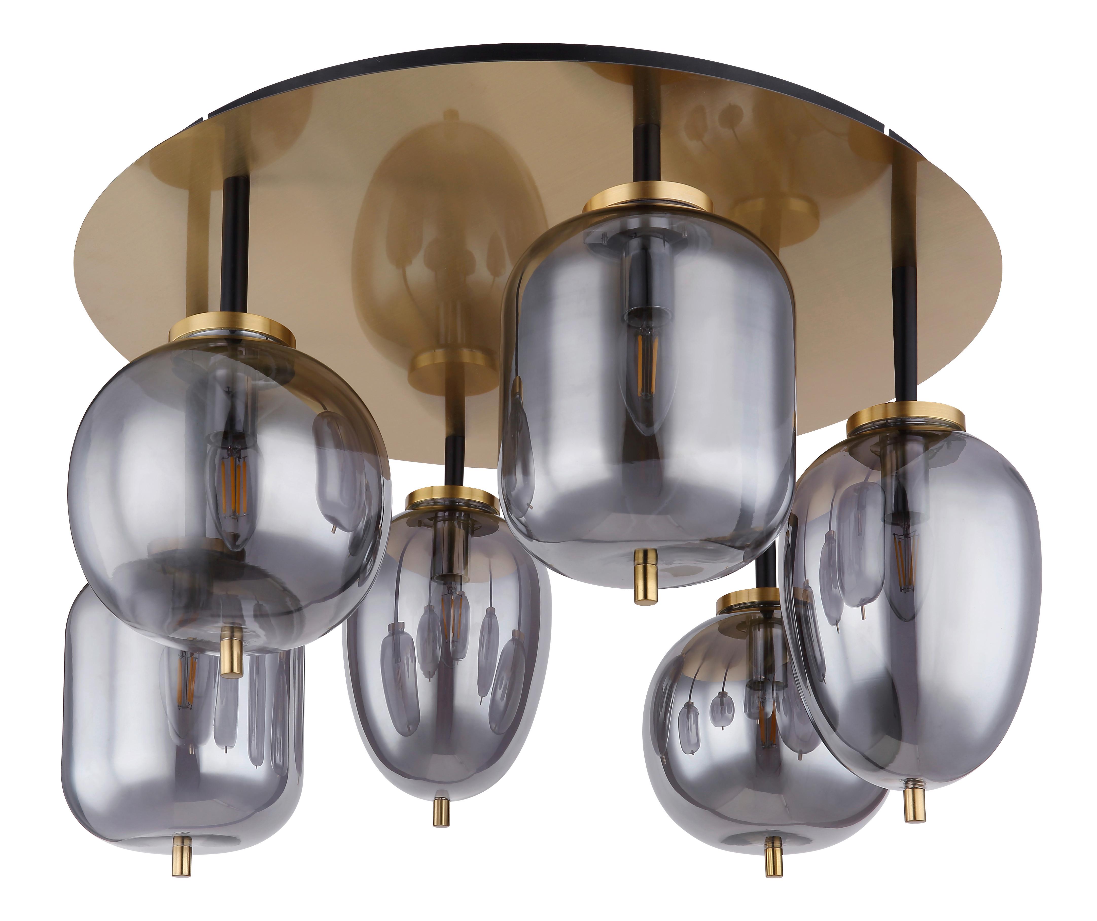 Deckenleuchte Ø 65 Cm 6-Flammig Rauchglas - Messingfarben, Design, Glas/Metall (65/38cm) - Globo