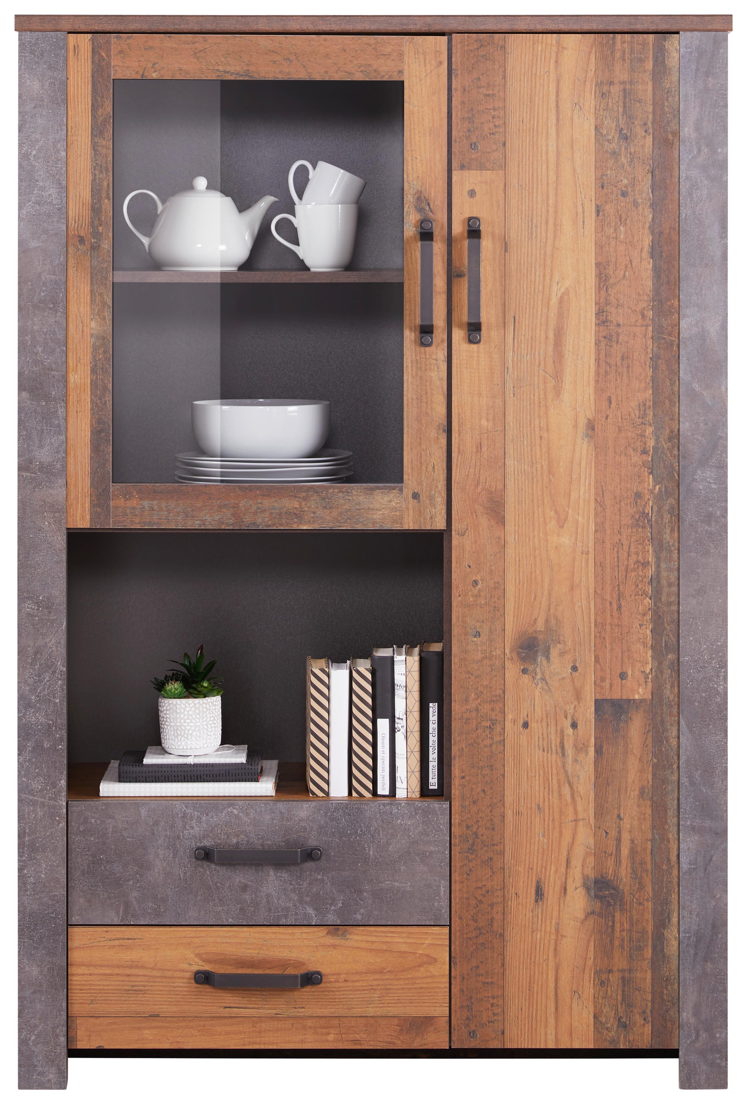 Highboard mit Glaselement B: 105 cm Ontario, Old Style - Eichefarben/Dunkelgrau, Trend, Glas/Holzwerkstoff (105/159/41,5cm) - Ondega
