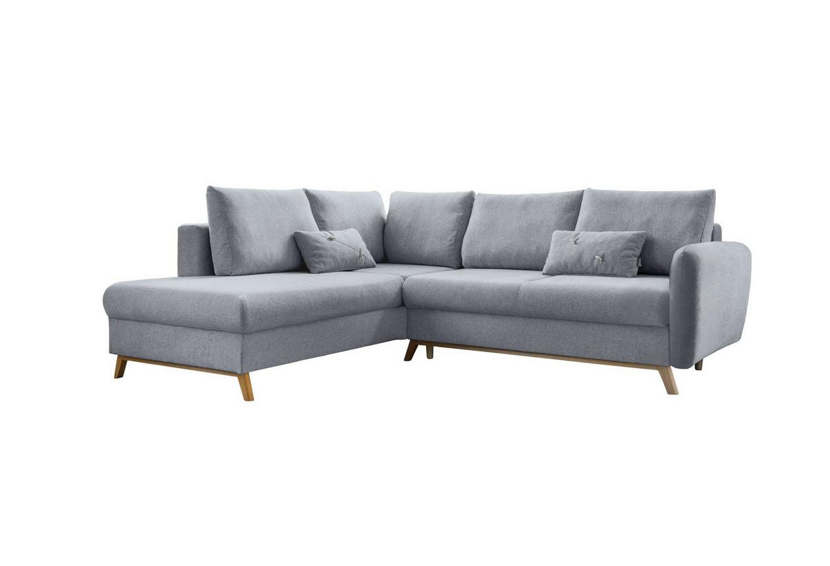 Sedačka LUCILE L, levá, sv.šedá, úl.prostor a lůžko - světle šedá/přírodní barvy, dřevo/textil (202/242cm) - MID.YOU