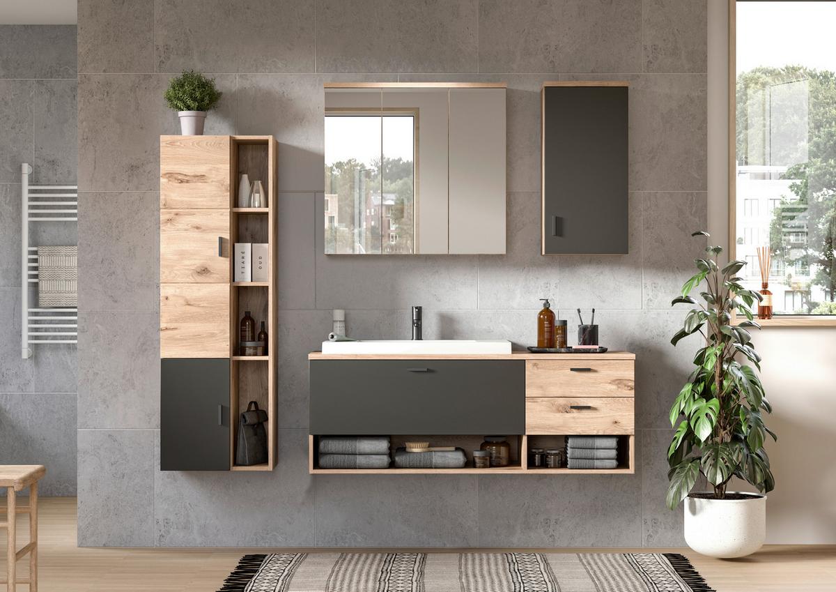 Badezimmer Grado Eiche Dekor/Grau - Weiß Hochglanz/Grau, MODERN, Glas/Holzwerkstoff (182cm) - MID.YOU