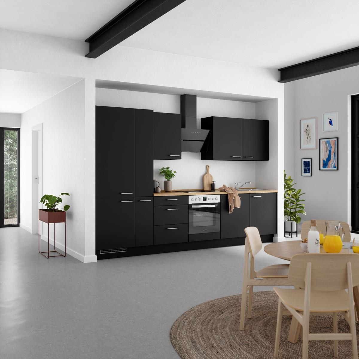 Kuchyňská linka 330 cm, čierna matná/ barva dub - černá/barvy dubu, Moderní, kov/kompozitní dřevo (330cm) - Nobilia