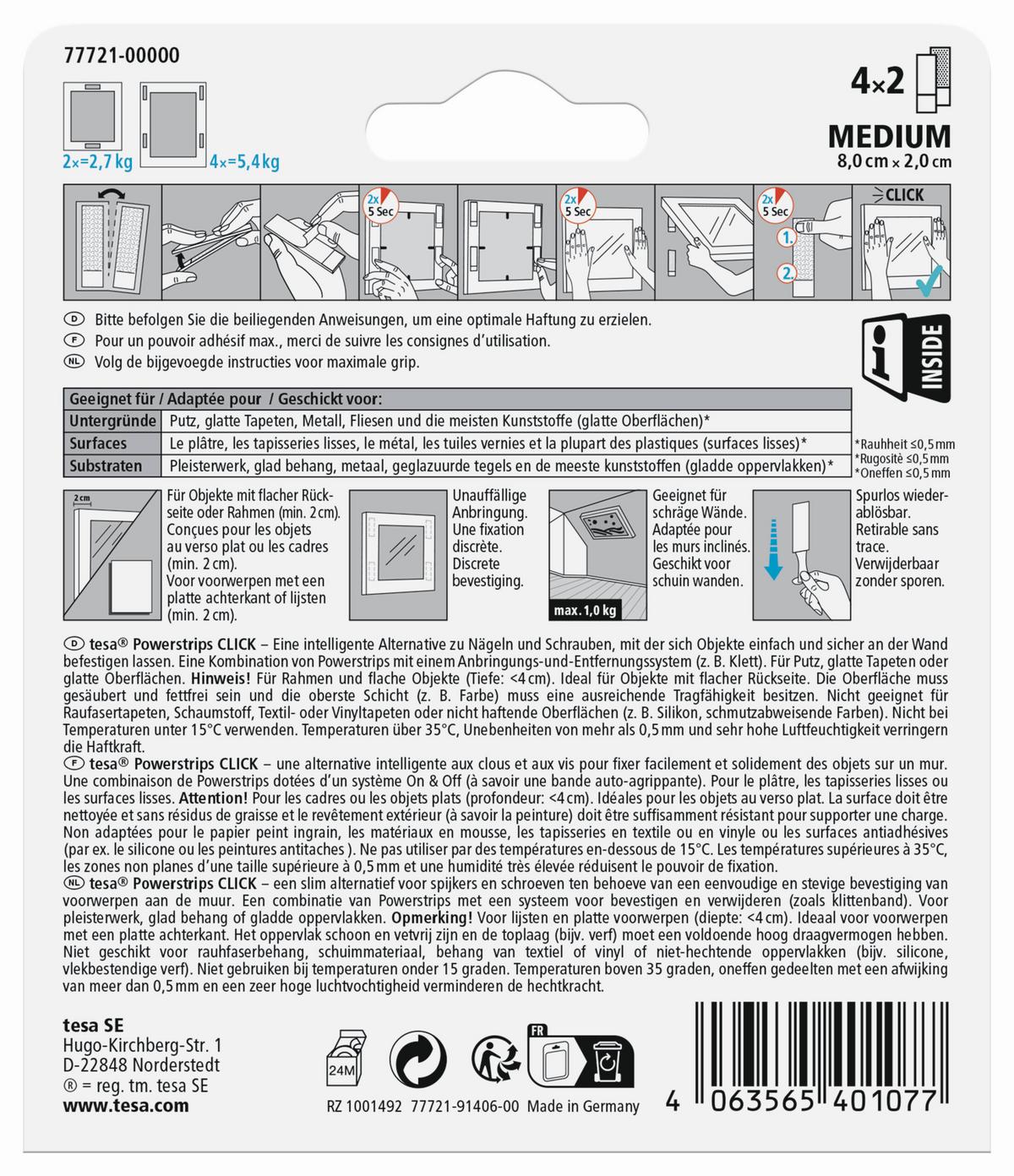 Bildaufhänger Tesa® Powerstrips Click Medium - Weiß, Basics, Kunststoff (2/8/0,3cm) - Tesa