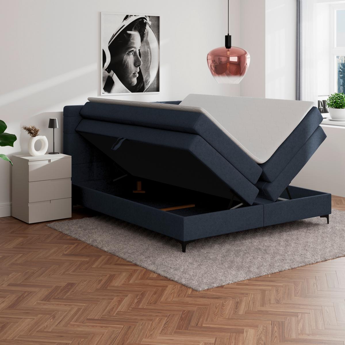 Boxspringbett MITTO Dunkelblau 200x200 cm - Schwarz/Dunkelblau, KONVENTIONELL, Textil/Metall (200/200cm)