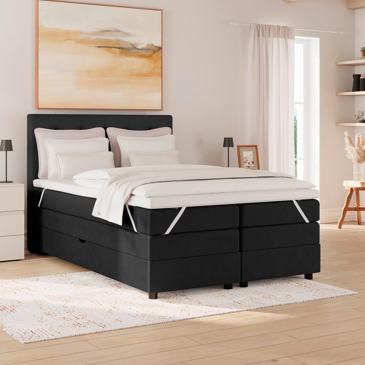 Boxspringbett Elio Schwarz 140x200 cm H4 - Schwarz, ROMANTIK / LANDHAUS, Textil (144/121/212cm) - James Wood