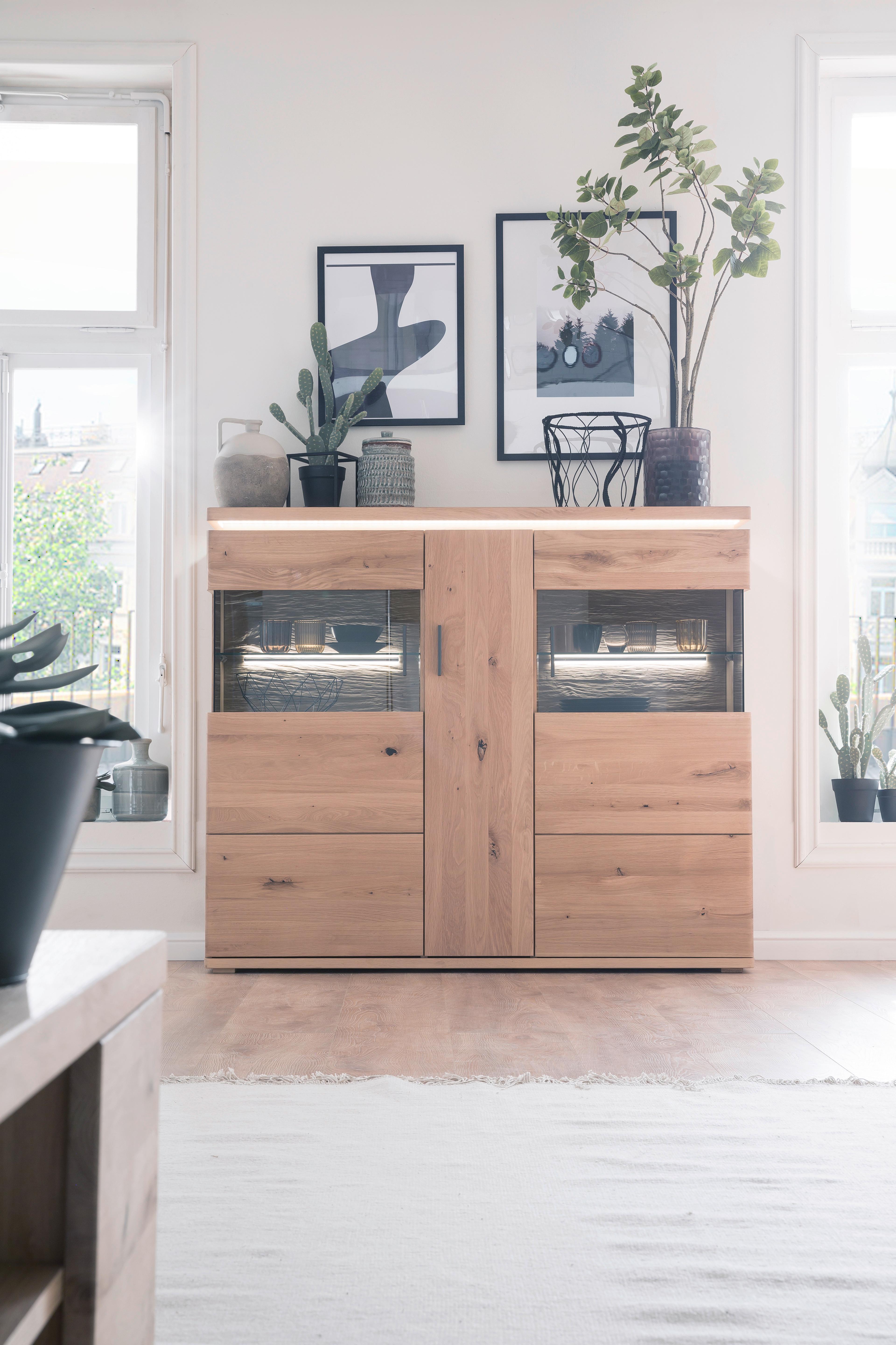 Highboard teilmassiv B: 150 cm Barcelona Eichefarben - Eichefarben, Design, Glas/Holz (150/128/37cm) - Livetastic