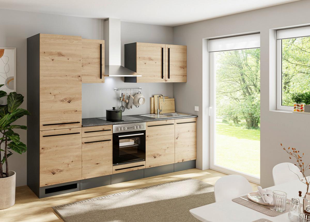 Küchenzeile Jazz mit Geräten 280 cm Anthrazit/Eiche - Anthrazit/Eiche Artisan, LIFESTYLE, Holzwerkstoff (280cm) - P & B