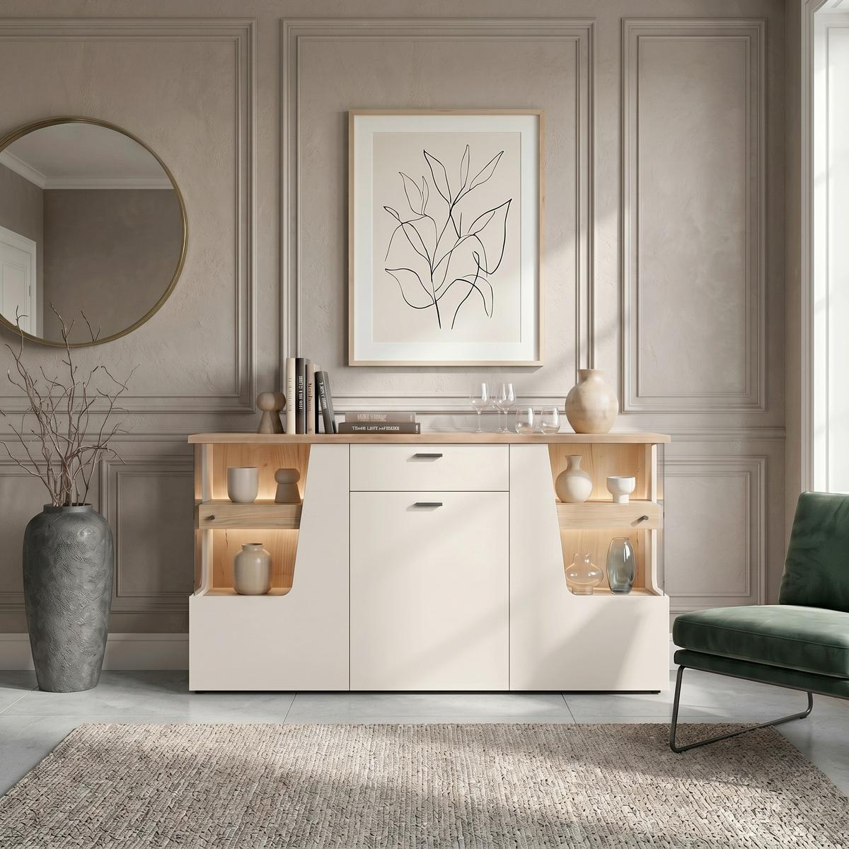 Sideboard Cut Out, B: 165cm Kaschmir/Eichefarben - Kaschmir/Eichefarben, MODERN, Glas/Holzwerkstoff (165/90/40cm) - Premium Living