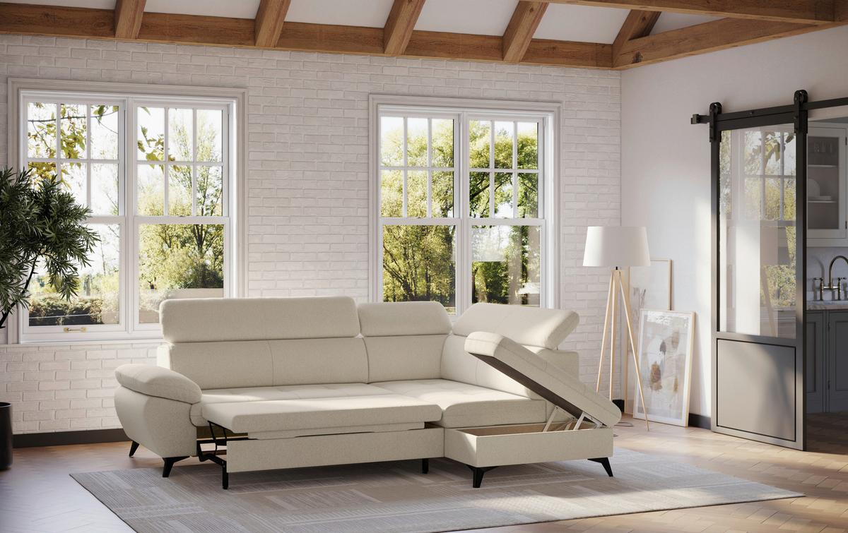 Ecksofa mit Bettfunktion Hudson, Chenille beige - Beige/Schwarz, KONVENTIONELL, Textil (256/207cm) - Sembella