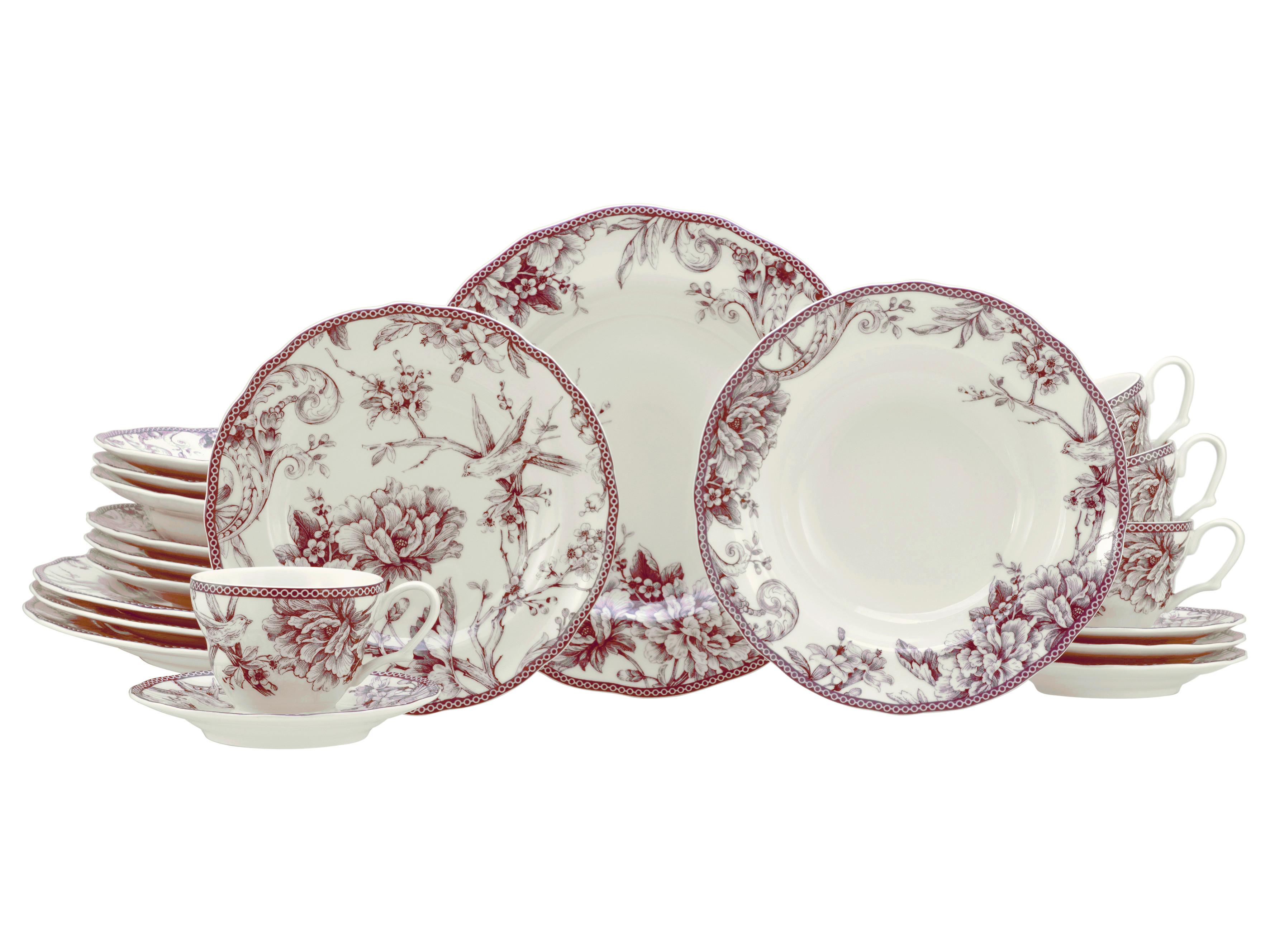 Kombiservice, 20-Teilig für 4 Personen, Porzellan - Bordeaux/Weiß, Basics, Keramik - Creatable