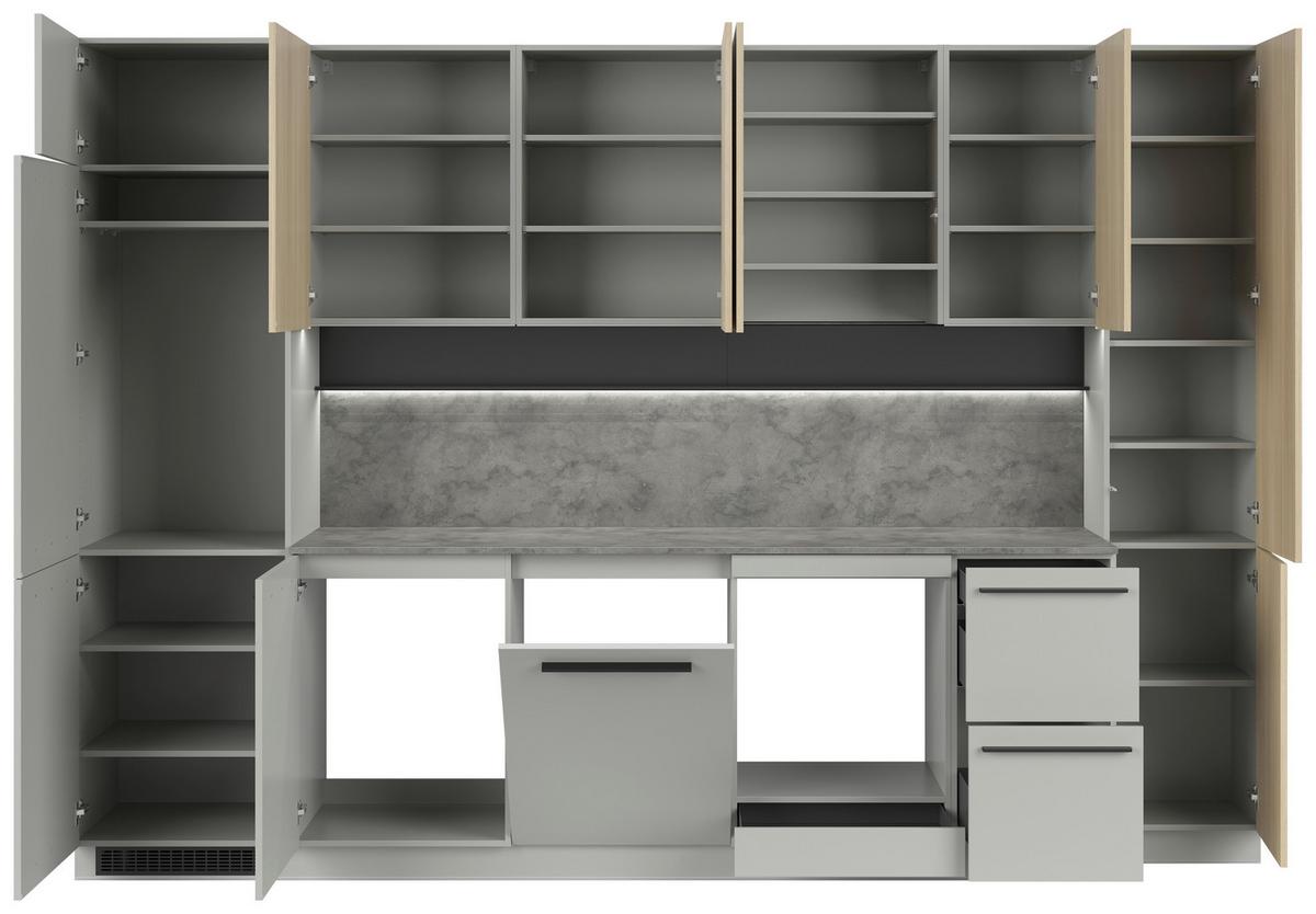 Kuchynská linka MILINO MEDIUM vrát.obkladu a LED regálu - čierna/sivá, Basics, kompozitné drevo/plast (345cm) - Visiona