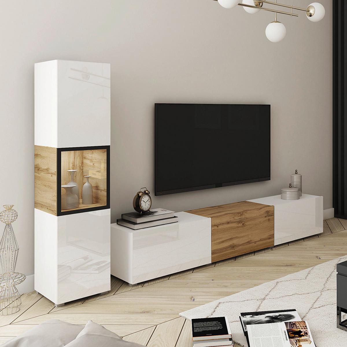 Wohnwand Berlin I Eiche Wotan/weiß B: 210 Cm - Eiche Wotan/Weiß, Design, Glas/Holzwerkstoff (210/130/32,5cm) - P & B