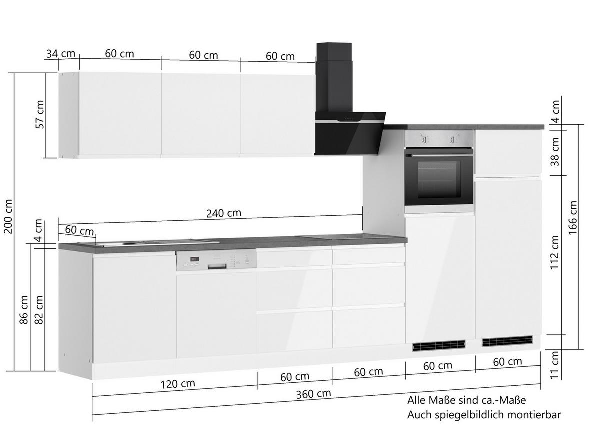 Küchenzeile Monza mit Geräten B: 360 cm Weiß/Eiche Dekor - Weiß Hochglanz/Eiche Wotan, LIFESTYLE, Holzwerkstoff (360cm) - Held