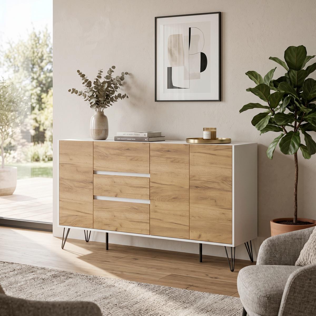 Sideboard Posseik Industrial Eichefarben/Weiß B: 177cm - Weiß Hochglanz/Eichefarben, Design, Holzwerkstoff (177/93,6/42cm) - MID.YOU