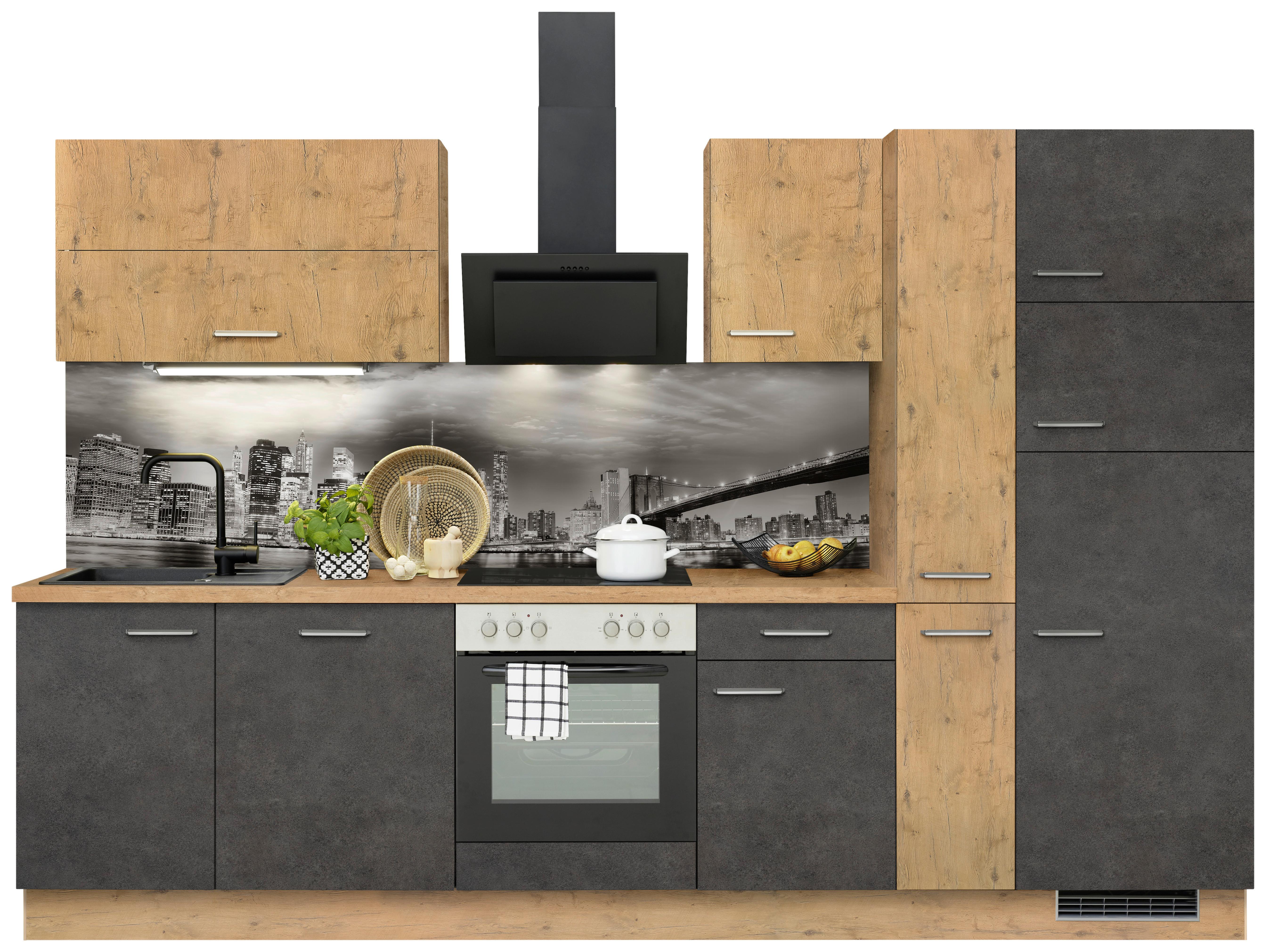 Küchenzeile Ip1200 mit Geräte B: 310 cm Grau/Eiche Dekor