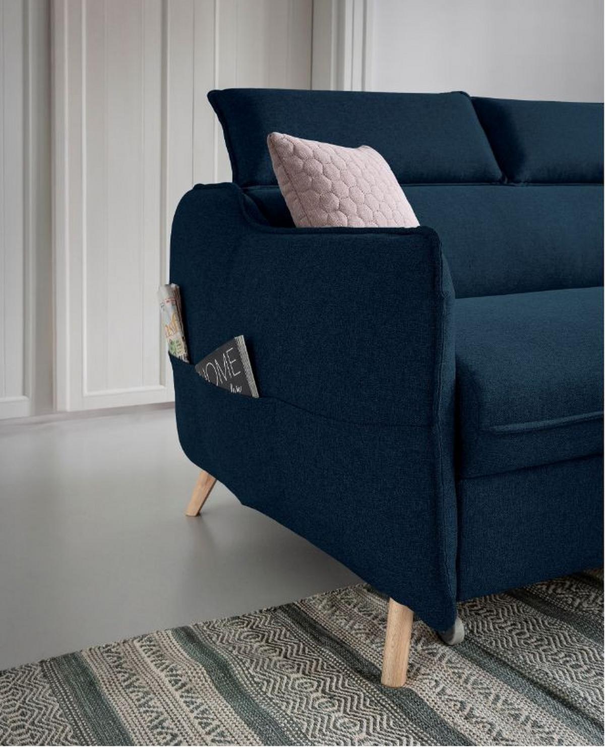 Rozkládací sedačka Simone, pravé provedení - přírodní barvy/tmavě modrá, Moderní, dřevo/textil (228/82/95/162cm)