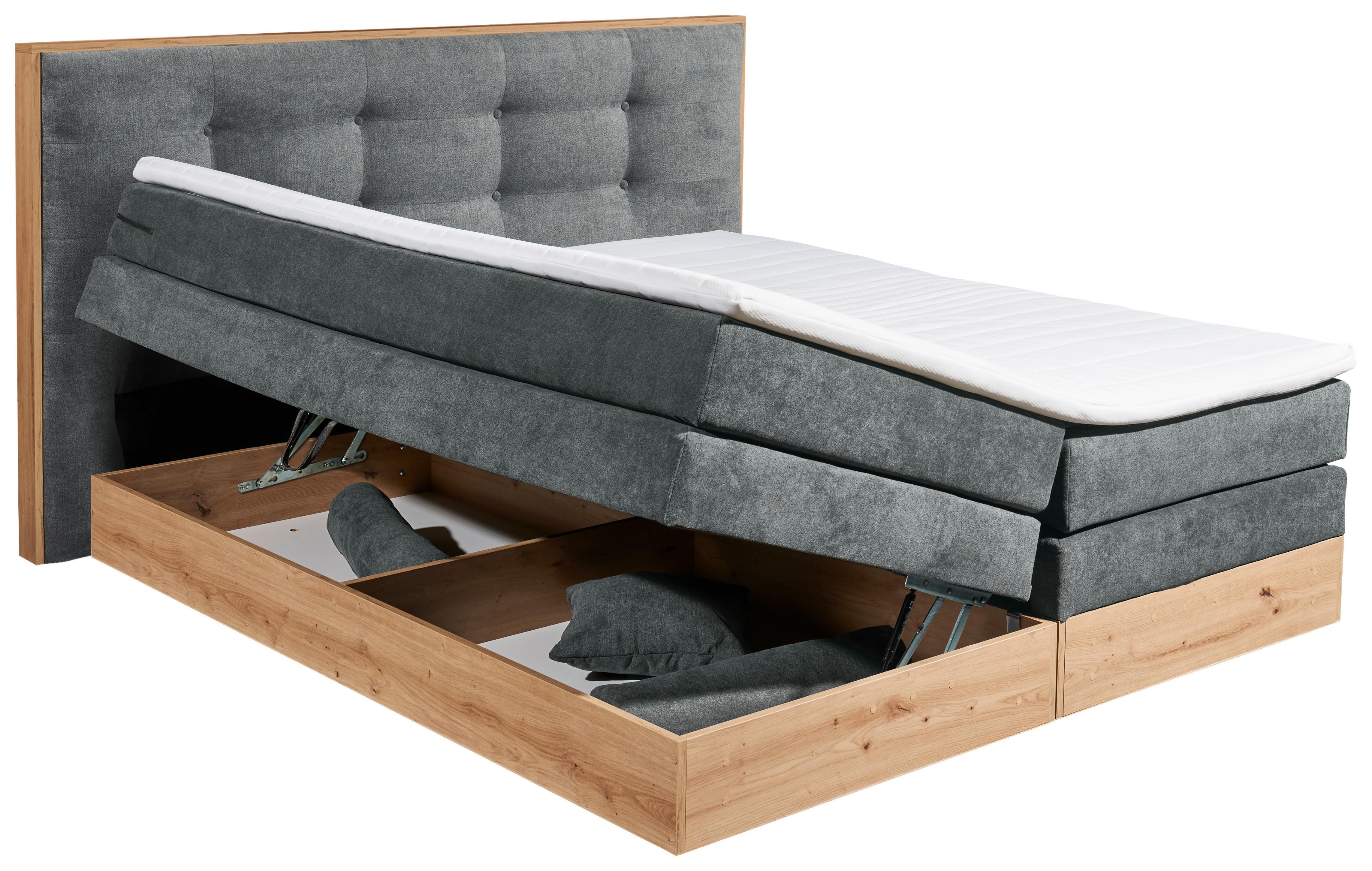 Boxspringbett in Hellgrau und Holzoptik
