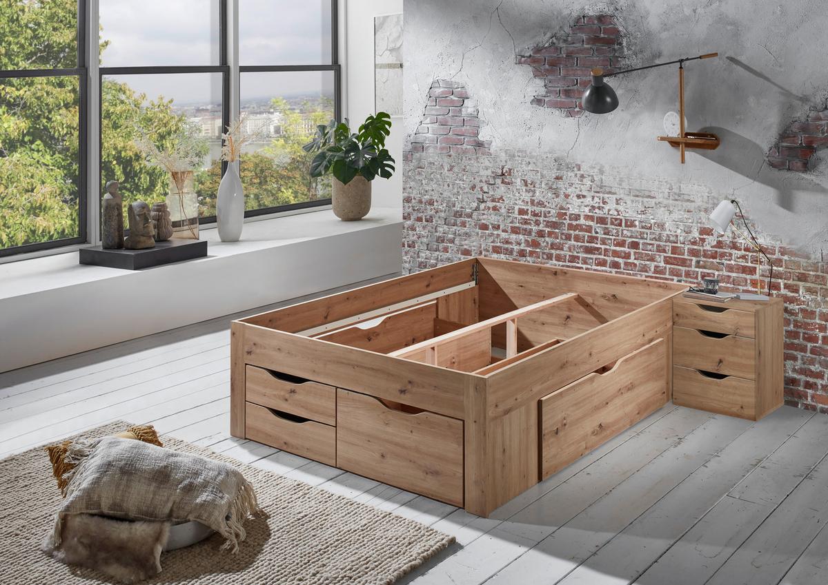 Stauraumbett Noah - Eiche Artisan, KONVENTIONELL, Holzwerkstoff (140/200cm)