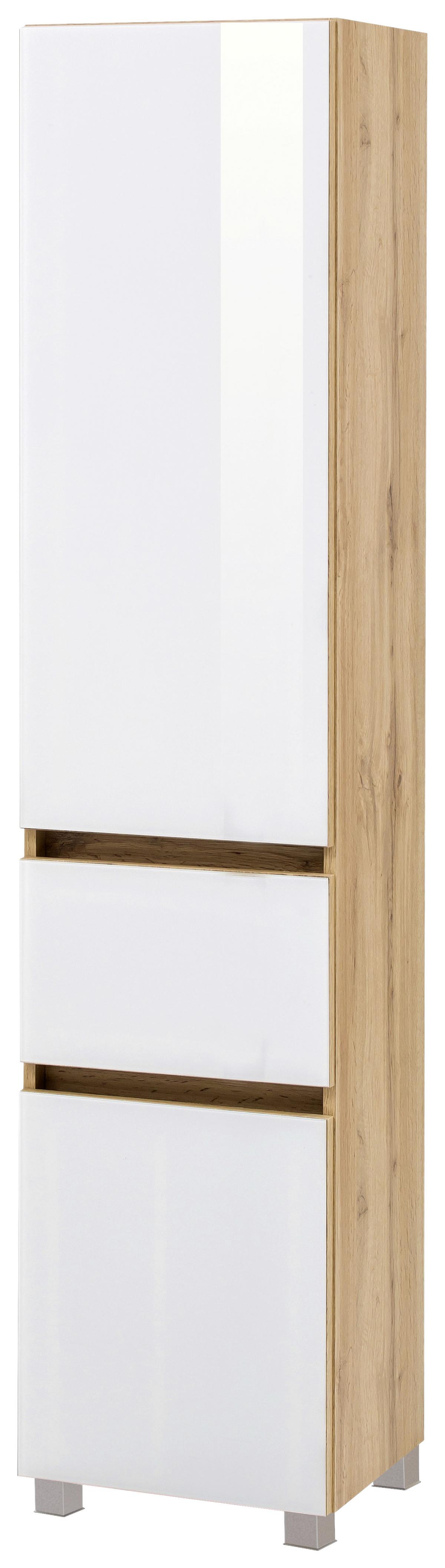 Hochschrank Grifflos Helsinki 40cm Weiß/eiche Dekor - Eichefarben/Silberfarben, KONVENTIONELL, Glas/Holzwerkstoff (40/180/35cm) - Held