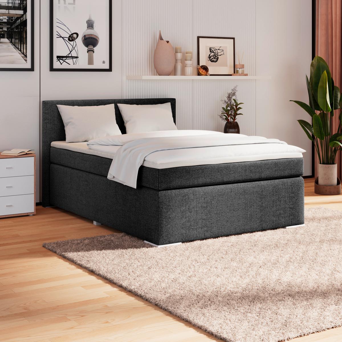 Boxspringbett Mira Webstoff Schwarz, Lf:140x200cm - Beige/Schwarz, KONVENTIONELL, Holz/Textil (140/200cm)