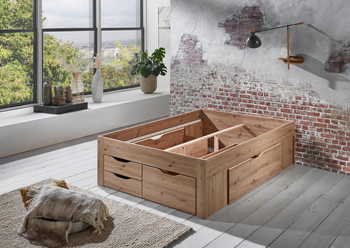 Stauraumbett Noah - Eiche Artisan, KONVENTIONELL, Holzwerkstoff (140/200cm)