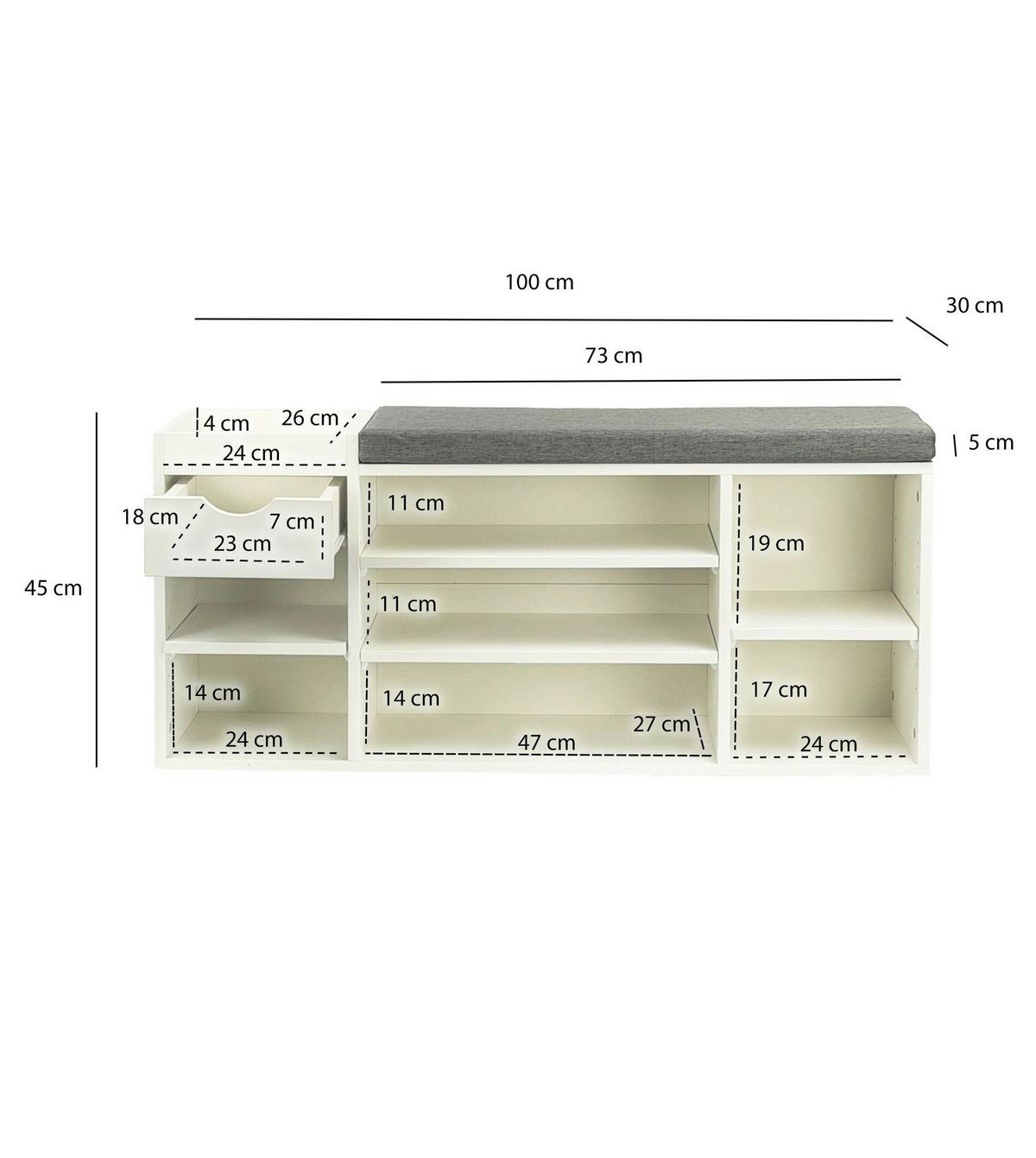 SCHUHBANK Weiß B: 100cm - Weiß/Grau, Design, Holzwerkstoff/Textil (100/45/30cm) - Livetastic