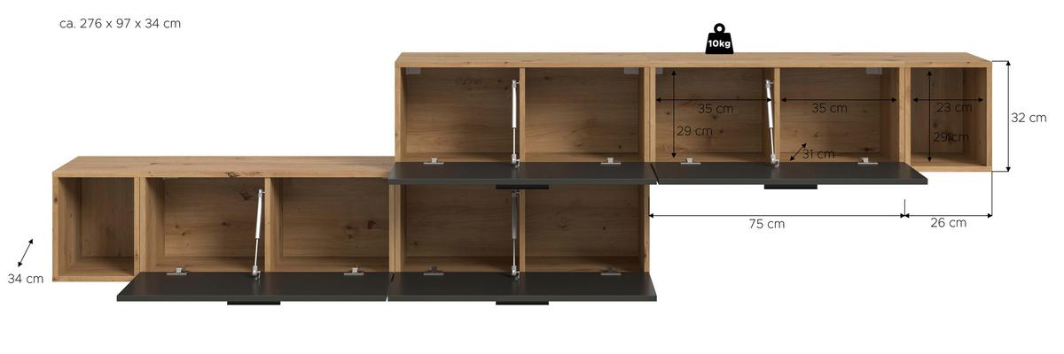 Wohnwand, The One 4, B: 276 cm Grau/Artisan Eiche Dekor - Schwarz/Eiche Artisan, Trend, Holzwerkstoff (276/97/34cm)