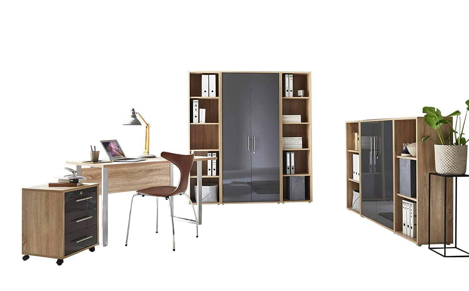 Büro Office Edition Eiche Dekor/anthrazit Hg - Anthrazit Hochglanz/Sonoma Eiche, MODERN, Holzwerkstoff/Metall - MID.YOU