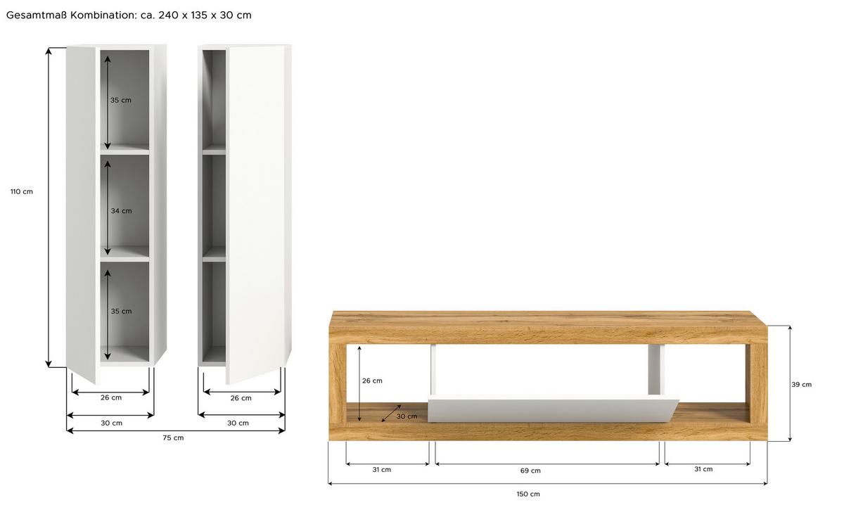 Wohnwand Tango Weiß/eiche Dekor B:240cm - Eiche Wotan/Schwarz, Design, Holzwerkstoff (240/135/30cm) - MID.YOU