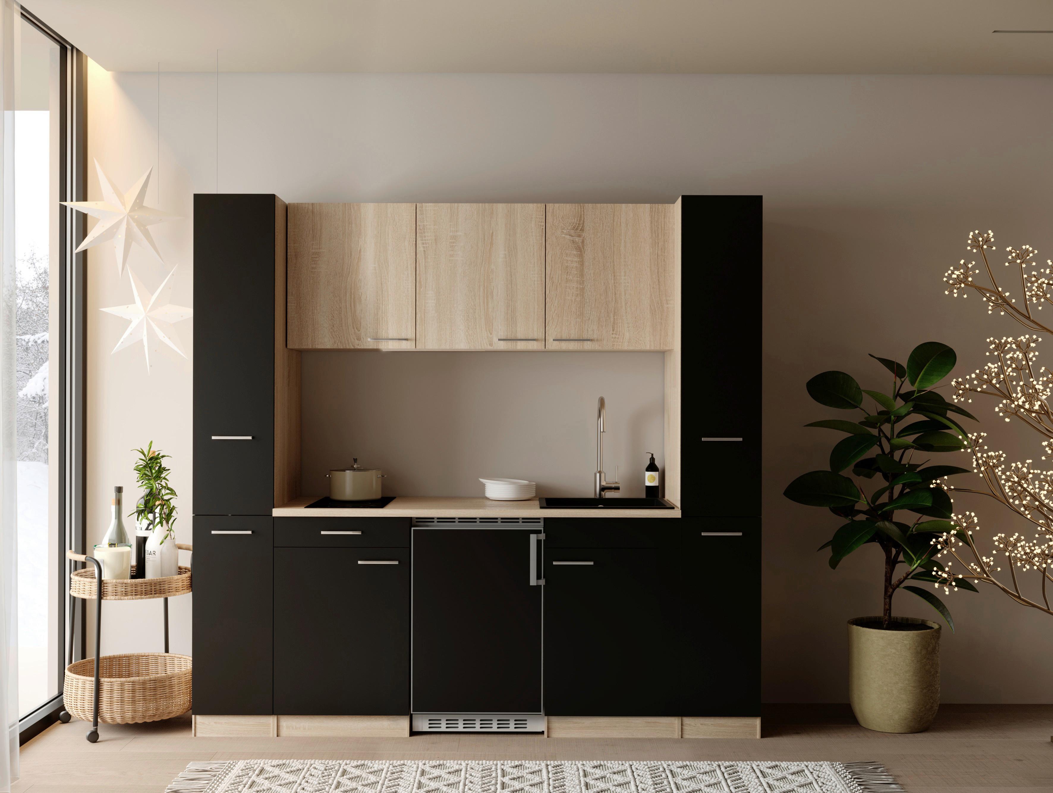 KÜCHENBLOCK Ingrid, Schwarz B: 210 cm - Eichefarben/Schwarz, Design, Holzwerkstoff (210cm) - Respekta