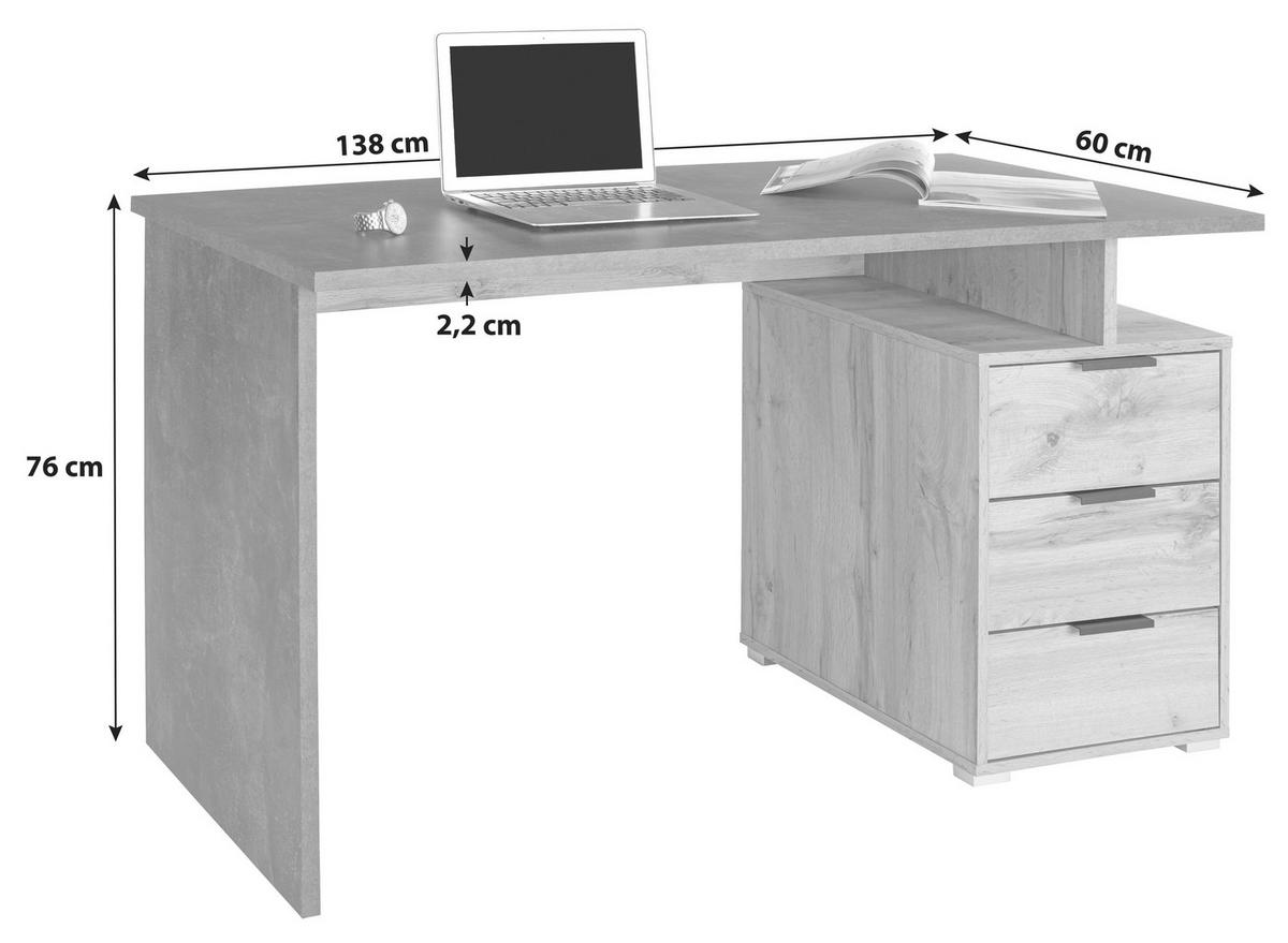 Schreibtisch + Laden B 138cm H 76cm Mx 145 Beton/Eiche Dekor - Eichefarben/Grau, MODERN, Holzwerkstoff (138/76/60cm)