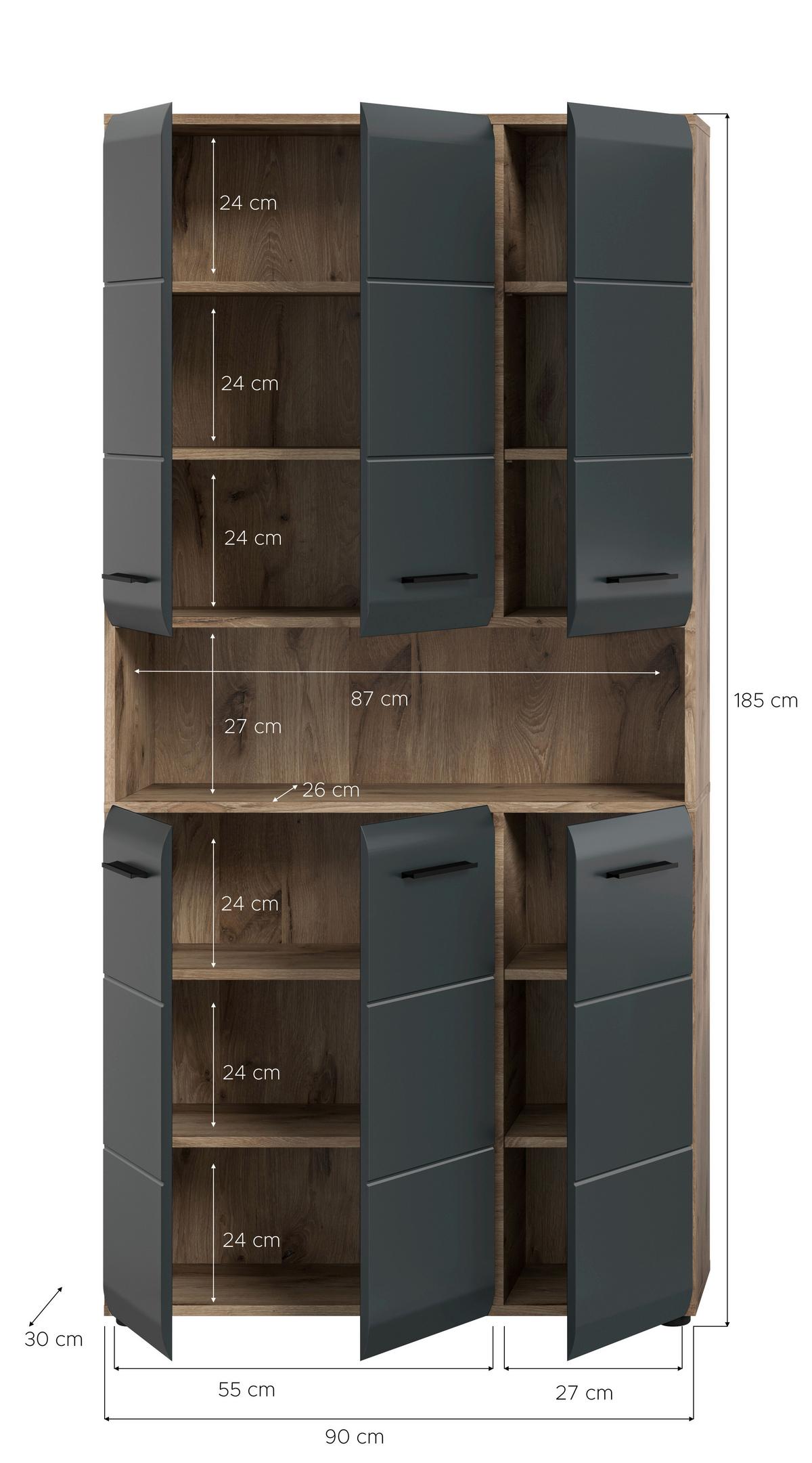 Hochschrank Ice Schwarz/Eiche Dekor B: 90cm - Eiche dunkel/Schwarz, Basics, Holzwerkstoff (90/185/30cm) - MID.YOU