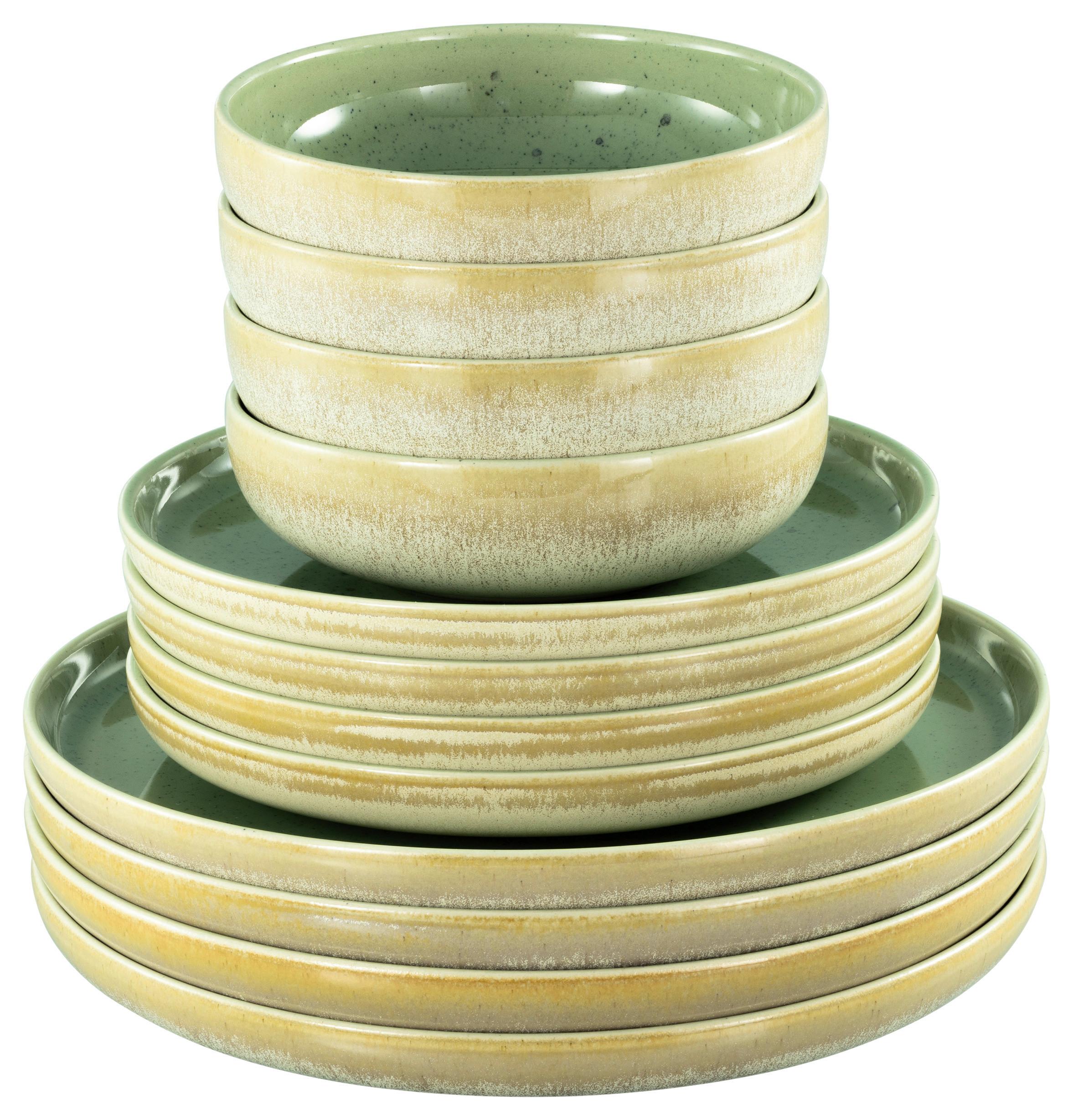 Speisetellerset Romana 12--Teilig. Creme/Grün - Creme/Grün, Design, Keramik - Creatable