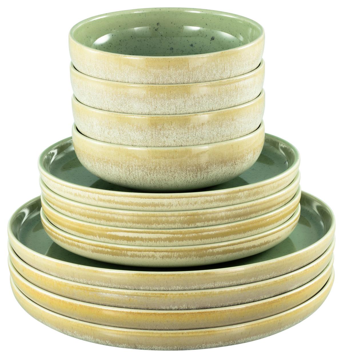 Speisetellerset Romana 12--Teilig. Creme/grün - Creme/Grün, Design, Keramik - Creatable