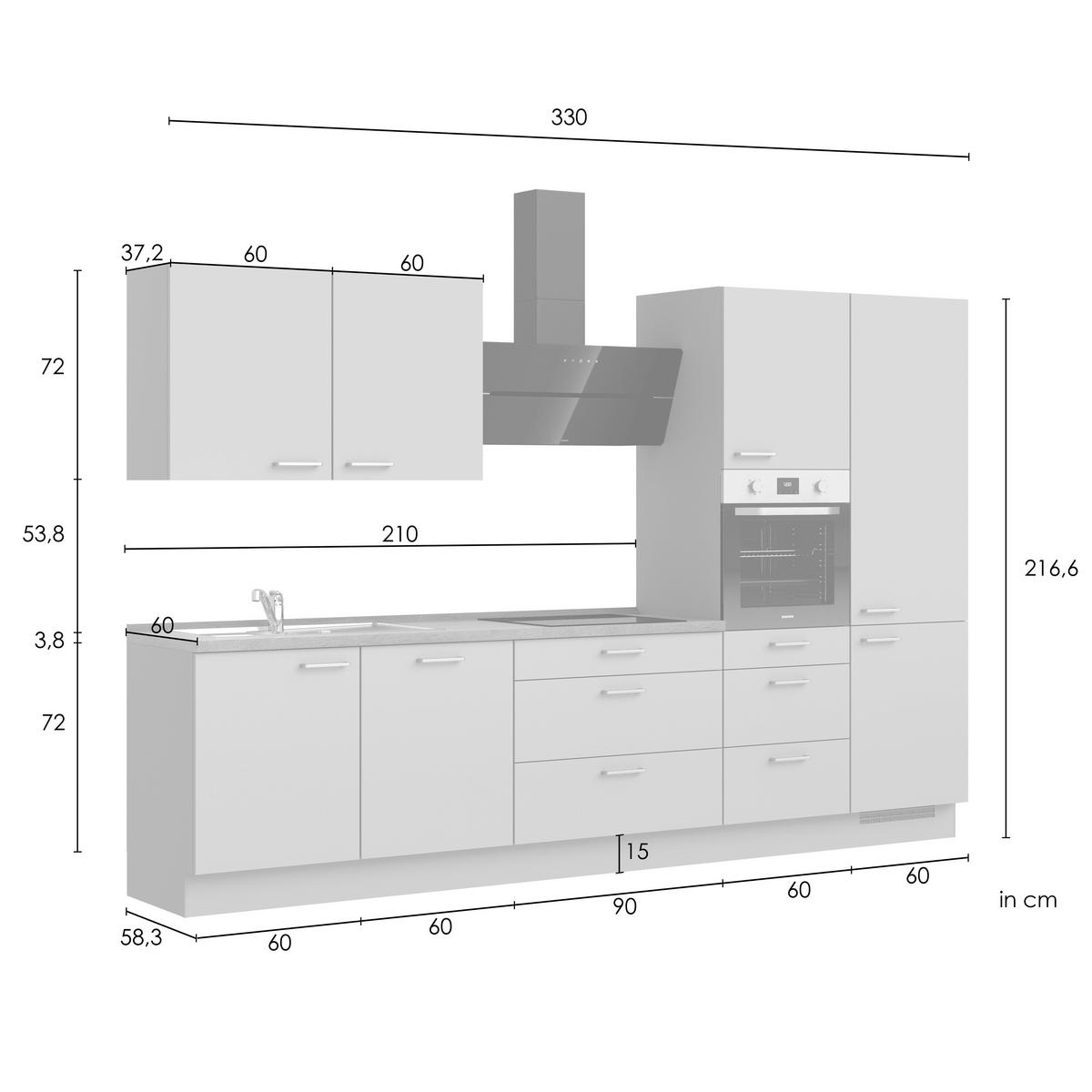 Kuchynská linka 330 cm, biela /dub Sierra - biela/farba ušľachtilej ocele, Romantik / Landhaus, kov/kompozitné drevo (330cm) - Nobilia