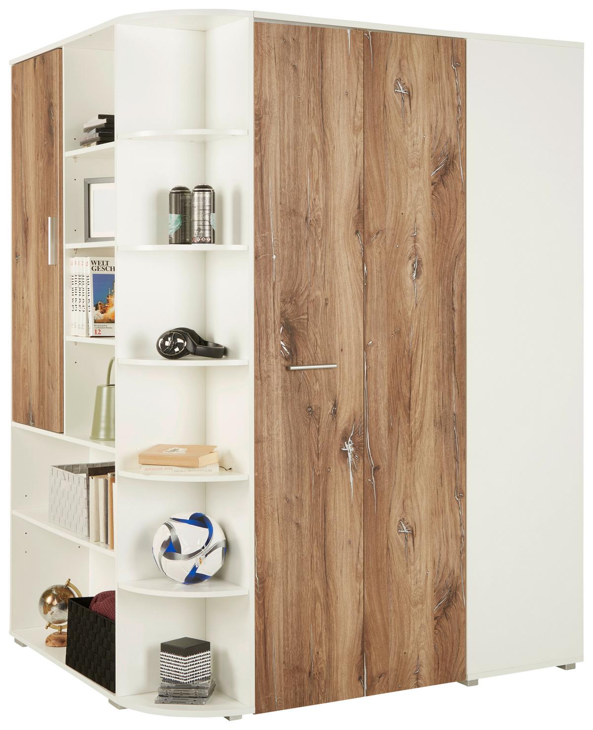 Rohová skříň YOUNG dekor bílá/dub Flagstaff - bílá/barvy dubu, Konvenční, kompozitní dřevo/plast (124/198/148cm)