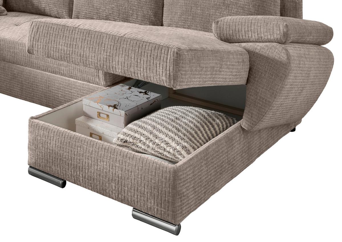 Wohnlandschaft Terana Beige mit Schlaffunktion, Mikrofaser - Chromfarben/Beige, KONVENTIONELL, Textil (219/305/157cm) - Livetastic