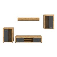 Wohnwand Jam Eiche Wotan Dekor B: 310cm - Eiche Wotan/Schwarz, Design, Glas/Holzwerkstoff (310/169/35cm) - MID.YOU