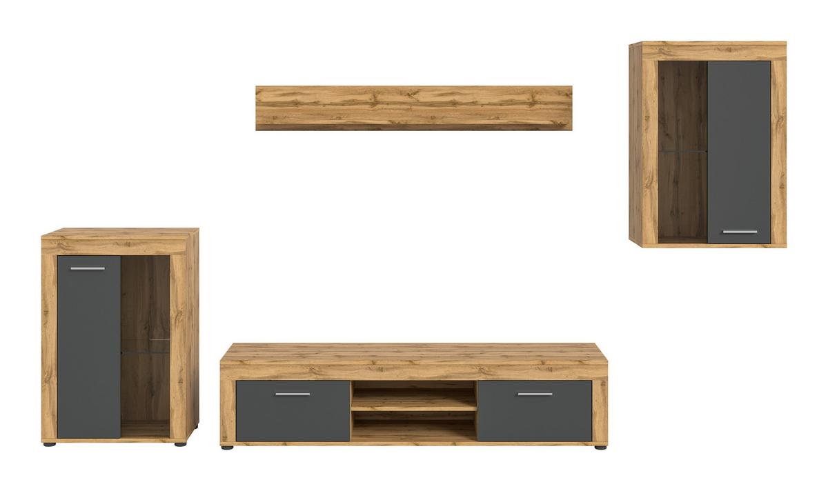 Wohnwand Jam Eiche Wotan Dekor B: 310cm - Eiche Wotan/Schwarz, Design, Glas/Holzwerkstoff (310/169/35cm) - MID.YOU