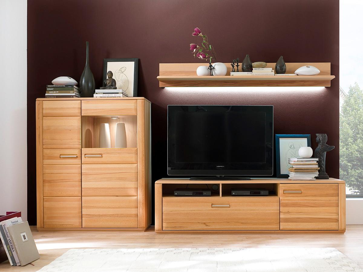 Wohnkombination Teilmassiv 3--Teilig. Sena Buchefarben - Buchefarben, Design, Glas/Holz (300/176/51cm) - Livetastic